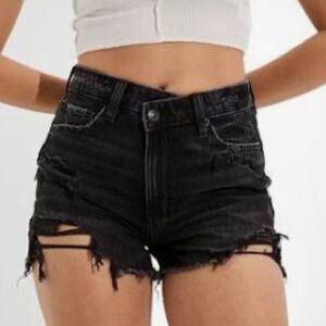 AE Distressed Black Crossover Denim Shorts